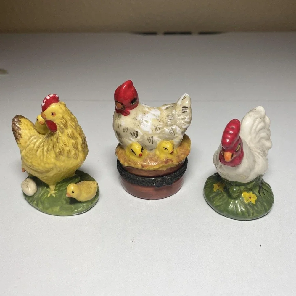 3 Beautiful Porcelain Hen-Rooster Figurines (One Is A Trinket Box)